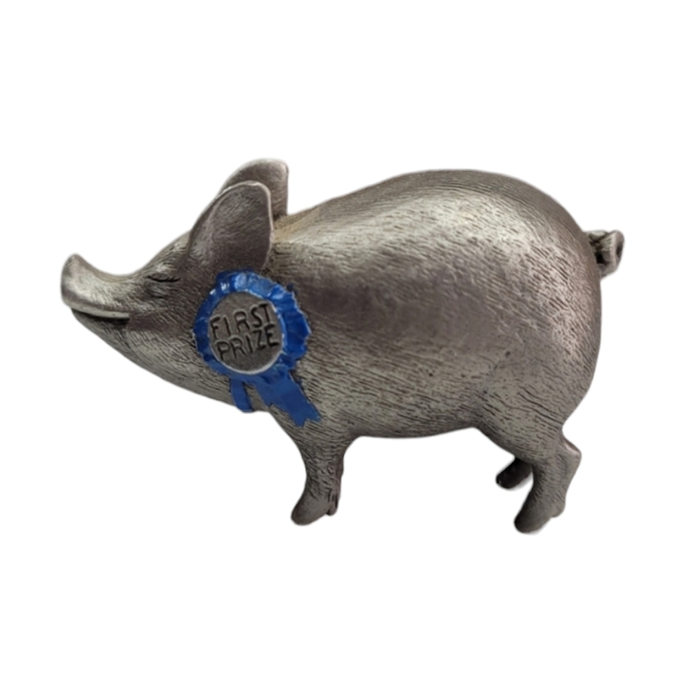 Pewter Pig Proudly Wearing His First Prize Blue Ribbon Approx 1.75"L x .75"W